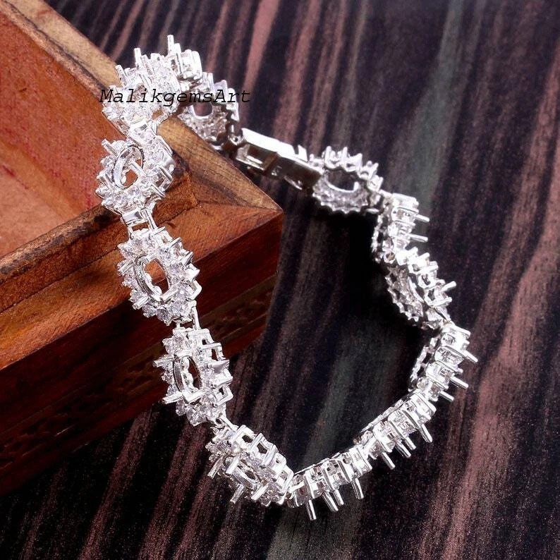Semi Mount Bracelet 925 Sterling Silver 7X5 MM Oval & CZ Blank Stone Bracelet