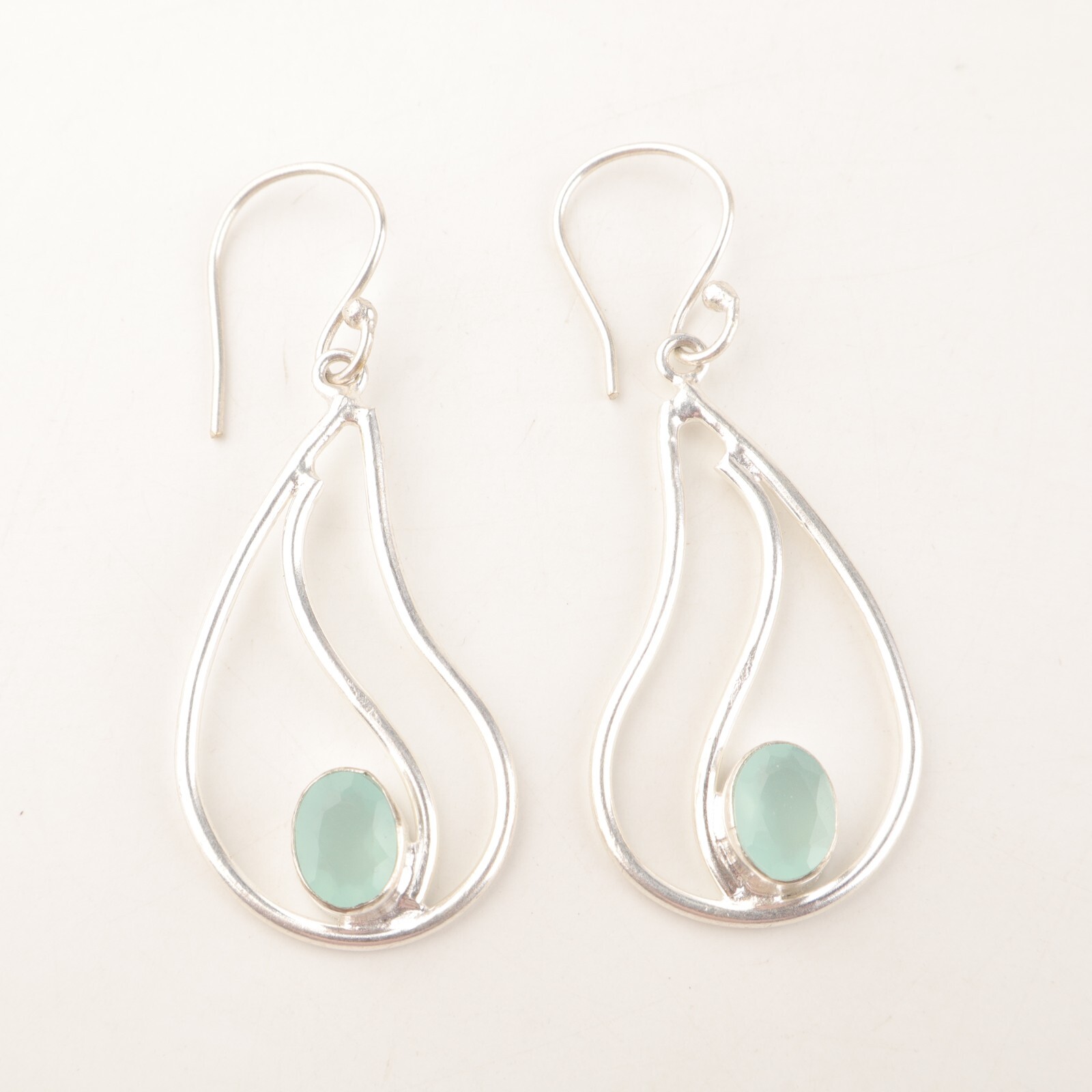 Natural Aqua Chalcedony Gemstone Earrings 925 Silver Handmade Jewelry 1.94″ Gift
