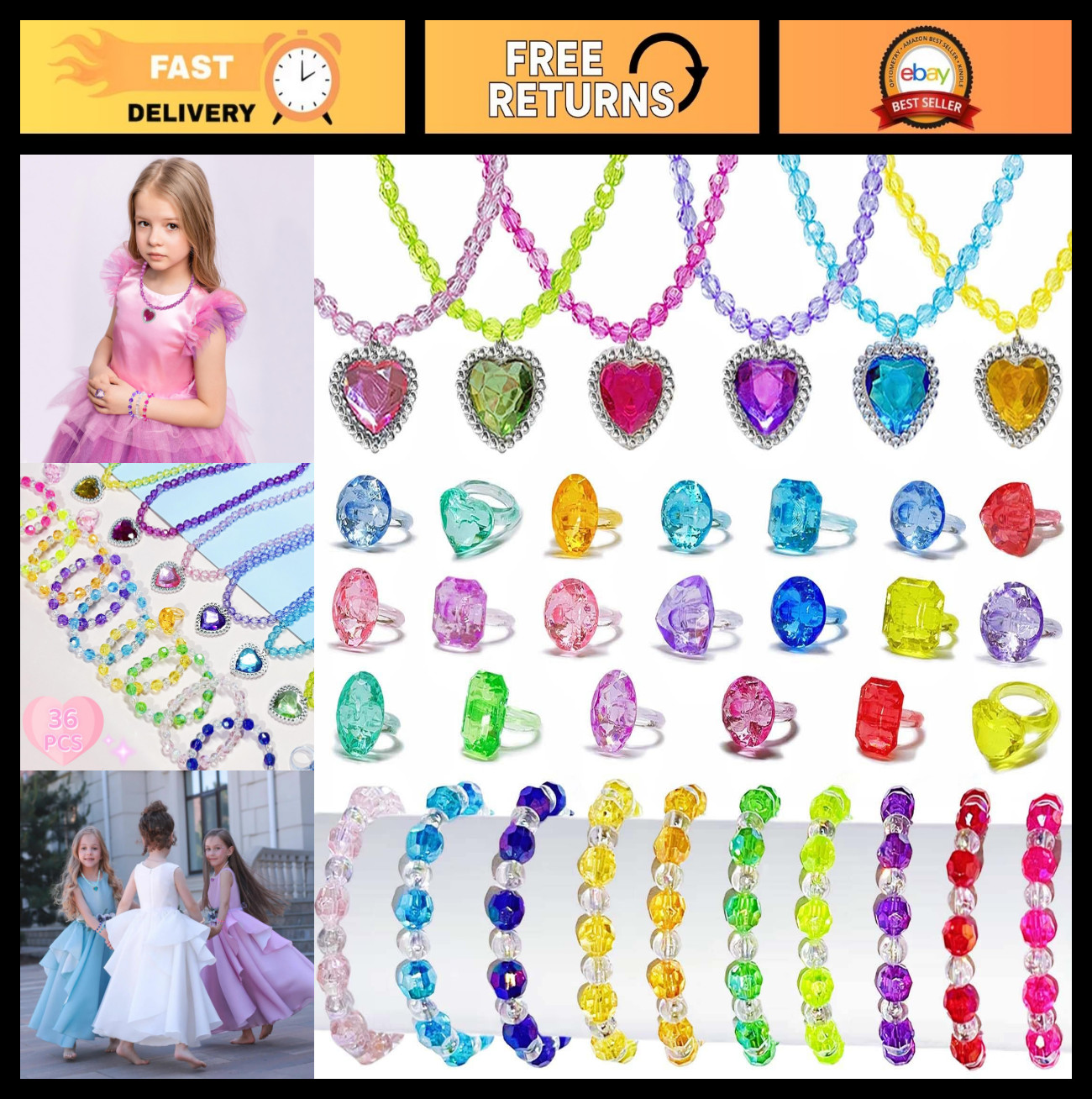 36 PCS Princess Jewelry Set for Girls – Necklaces, Bracelets & Rings – Party Fav