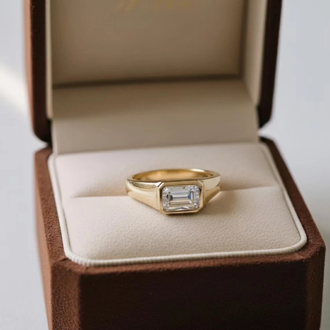 2Ct Emerald-Cut Moissanite Bezel Men’s Engagement Ring 14K Yellow Gold Plated
