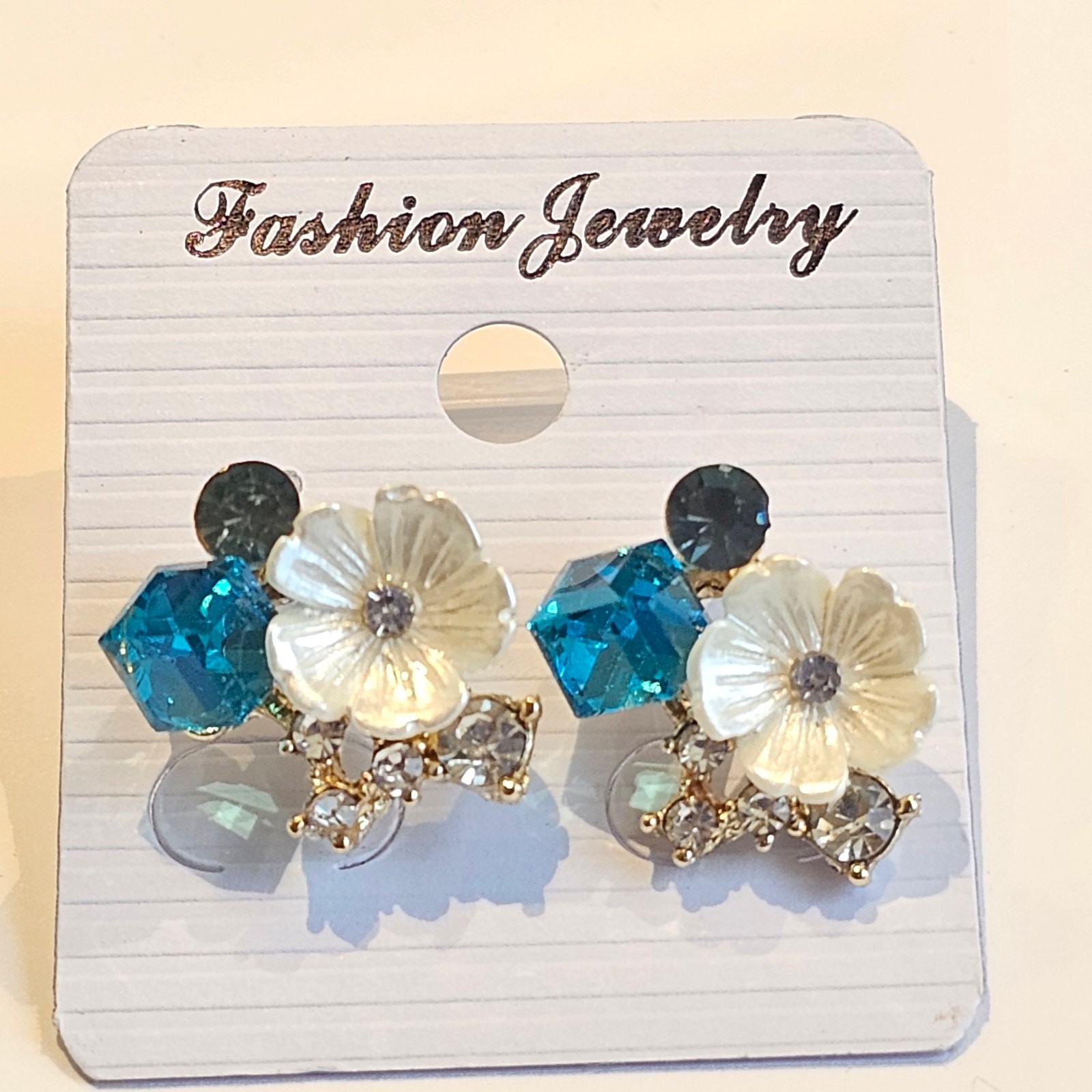 Flower Earring Teal Square Dark Green Rhinestone Jewelry Elegant Stud Gift Bag
