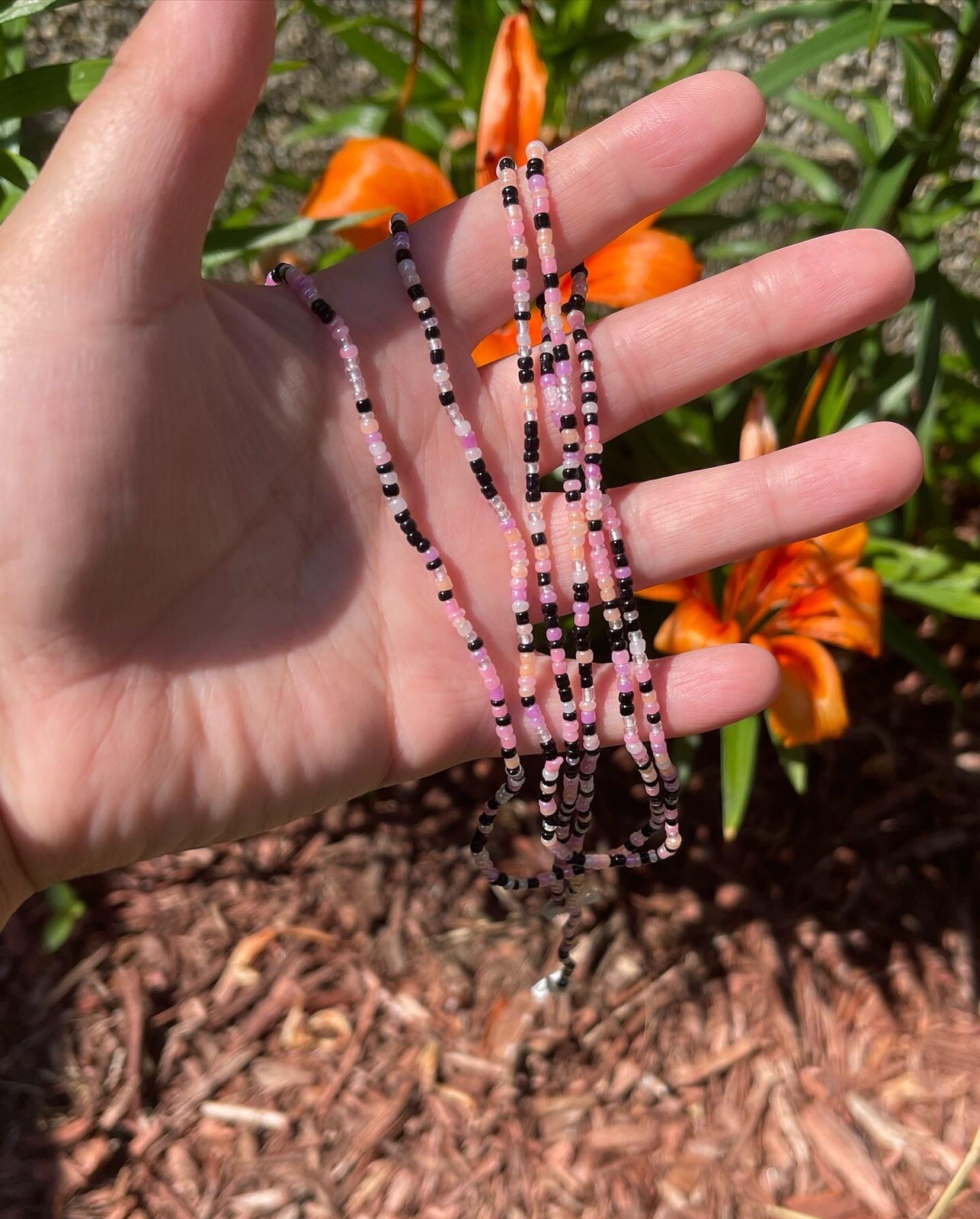 Single strand Handmade tie-on cotton thread waist beads 50” Black and pink