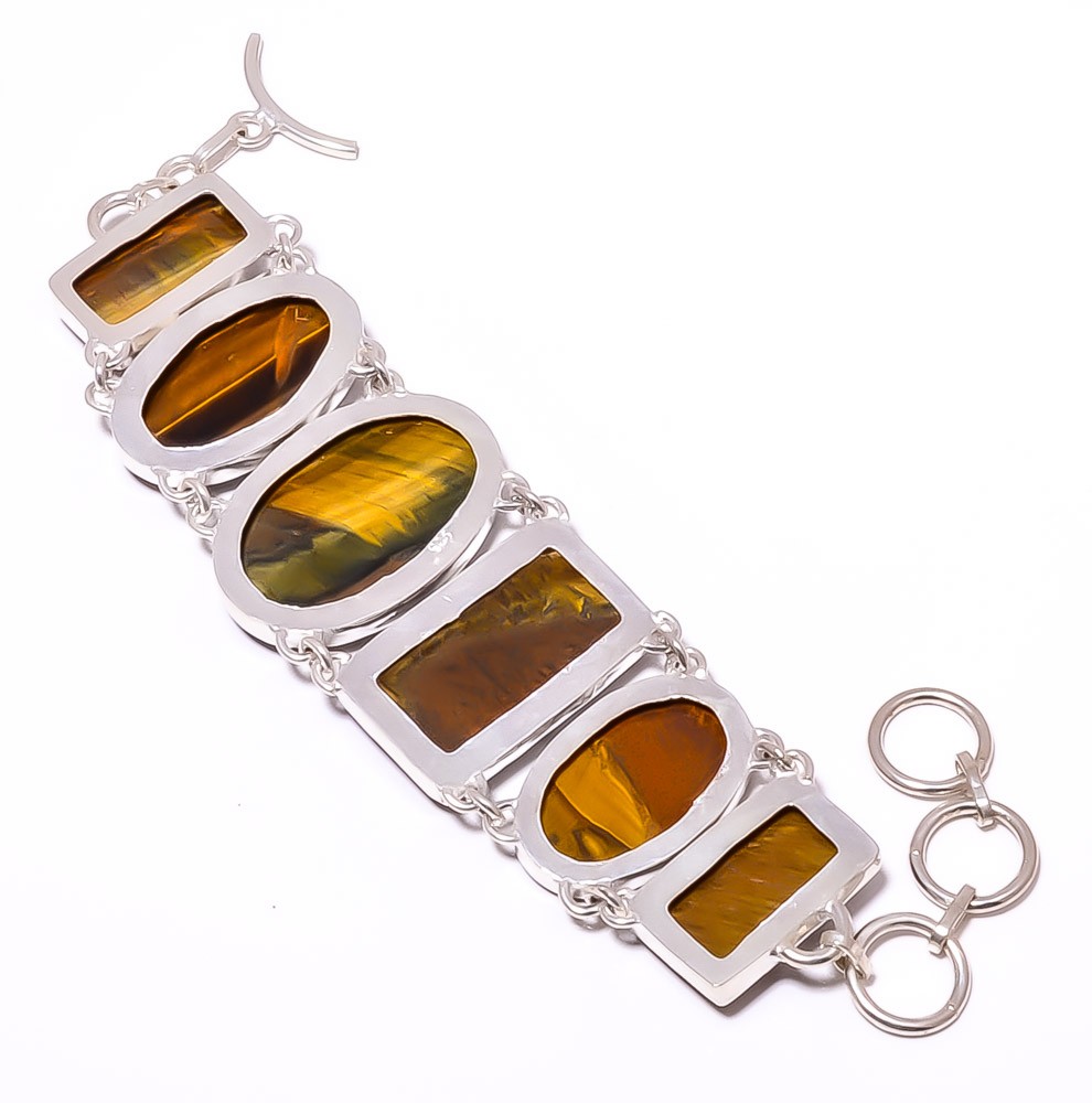 Yellow Tiger Eye – South Africa 925 Silver Plated Bracelet 7.99″ A334