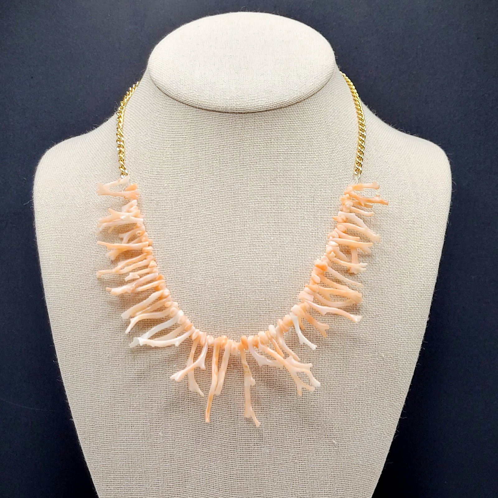 Natural Pink Peach Branch Coral Mixed Metal Tone Alloy Clasp Vintage Necklace
