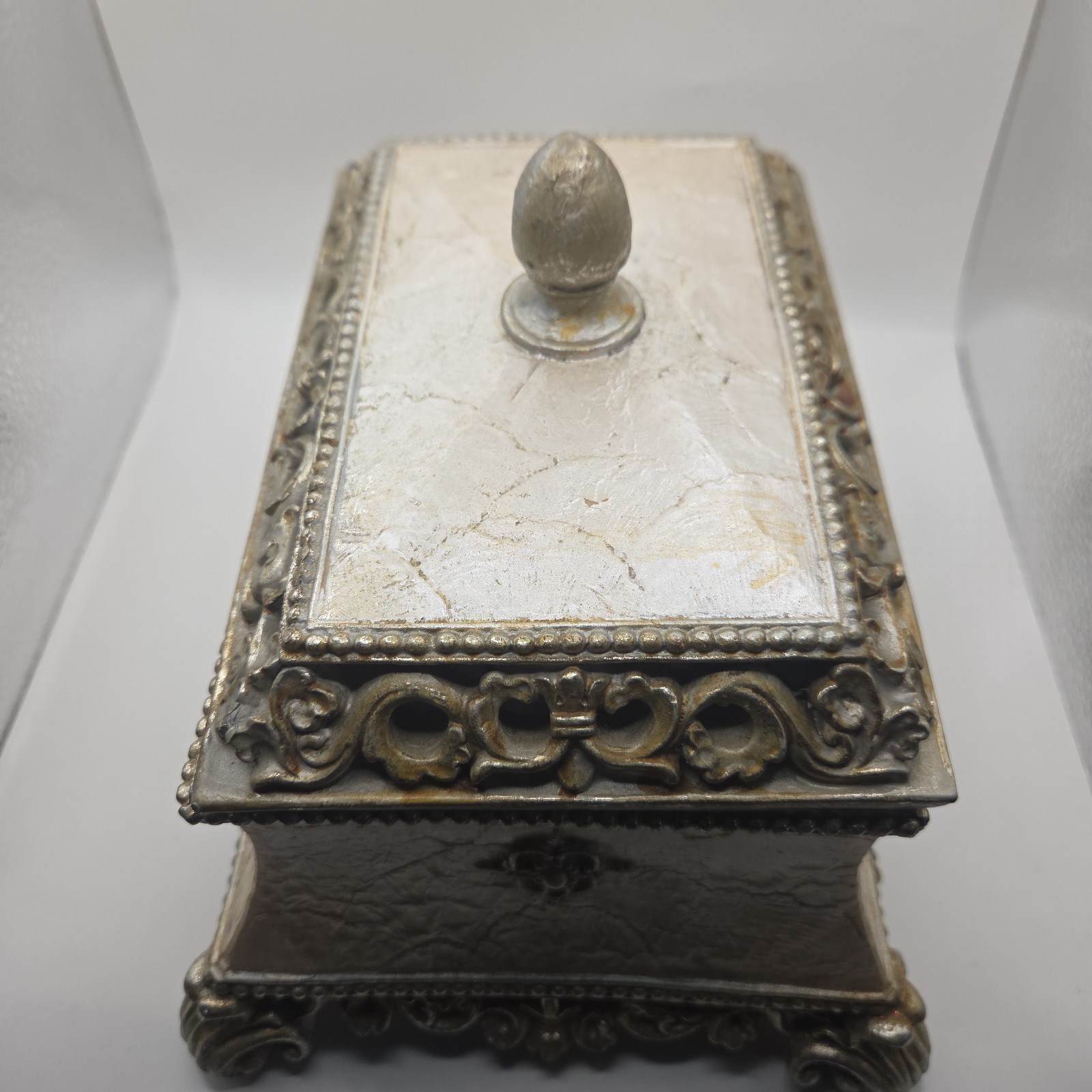 Ornate Vintage Style Decorative Keepsake Jewelry Box Silver Gold Footed Storage