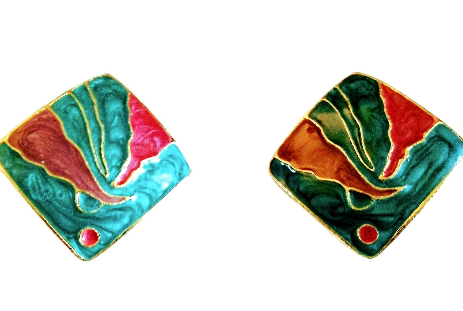 Green And Red Enamel Square Clip On Earrings