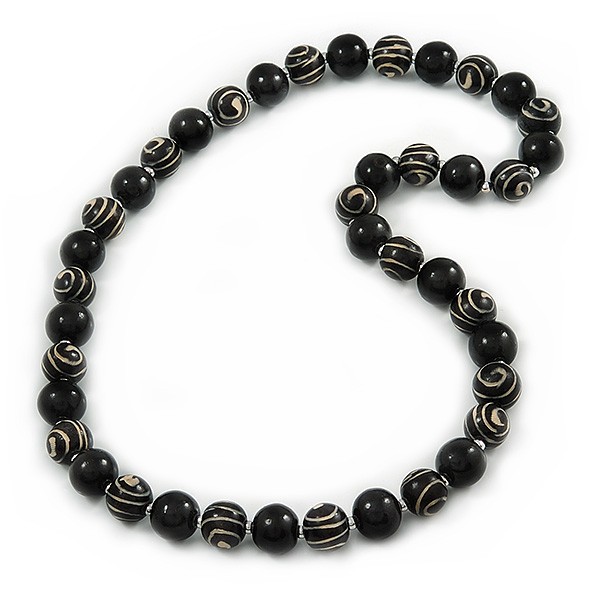 Chunky Round Wooden Bead Long Necklace/ Black/ 82cm Long