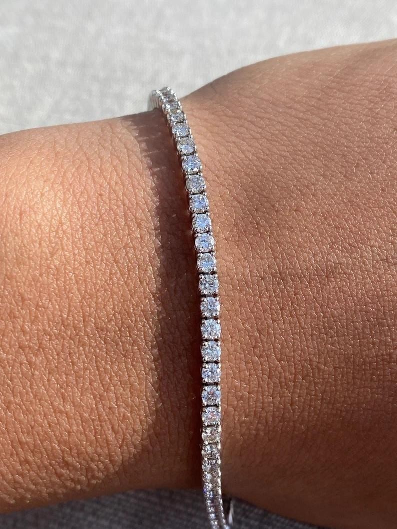 Round Natural Diamond For Party Wear Tennis Bracelet In 14k Solid White Gold