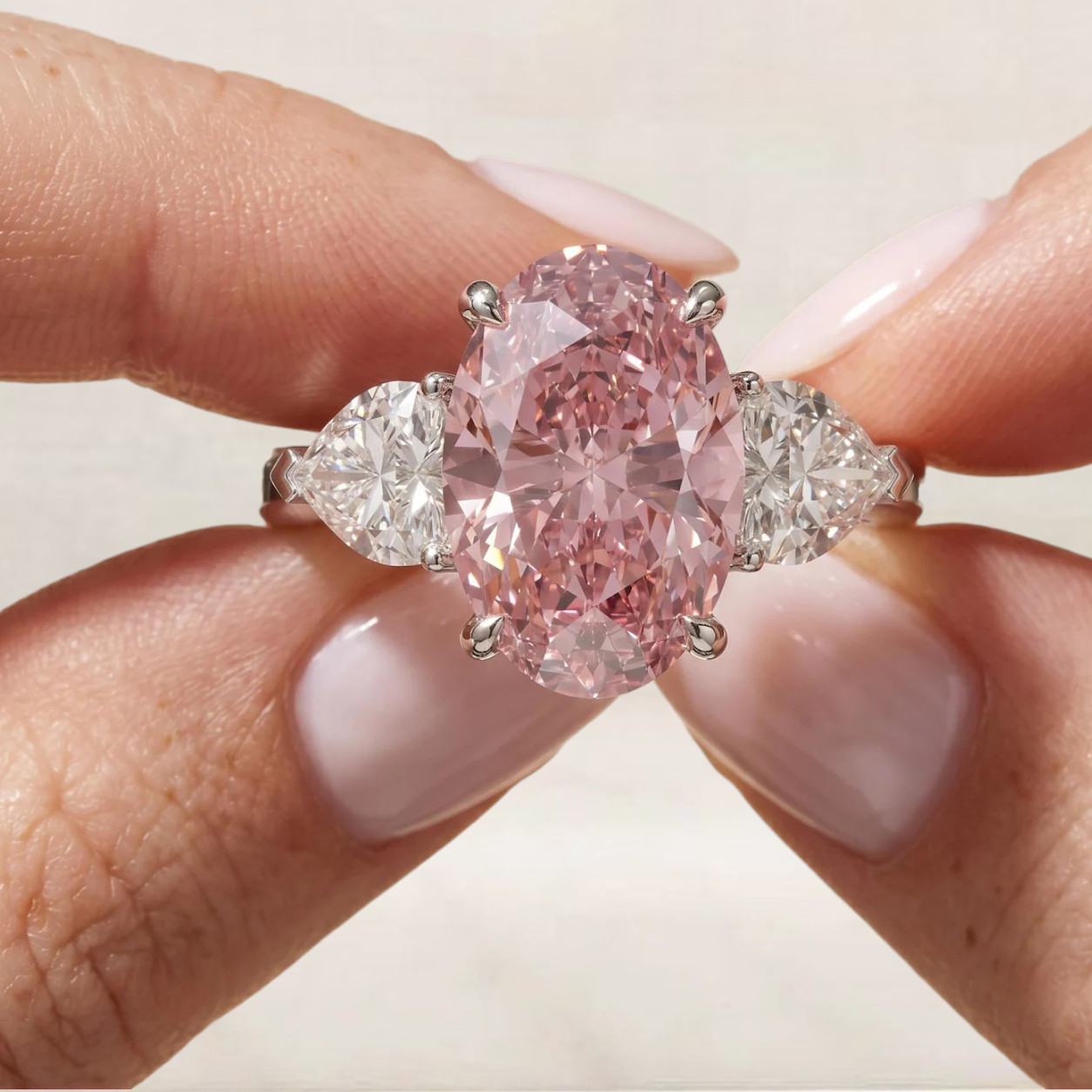 IGI Lab Created Diamond Ring Fancy Intense Pink 950 Platinum 3.80 Carat Oval Cut