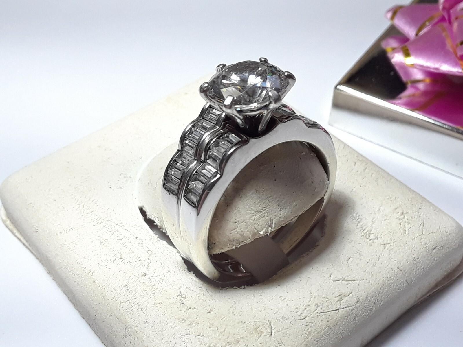 4.0cttw Round & Baguette CZ Channel Sterling Silver Bridal Engagement Set #15482