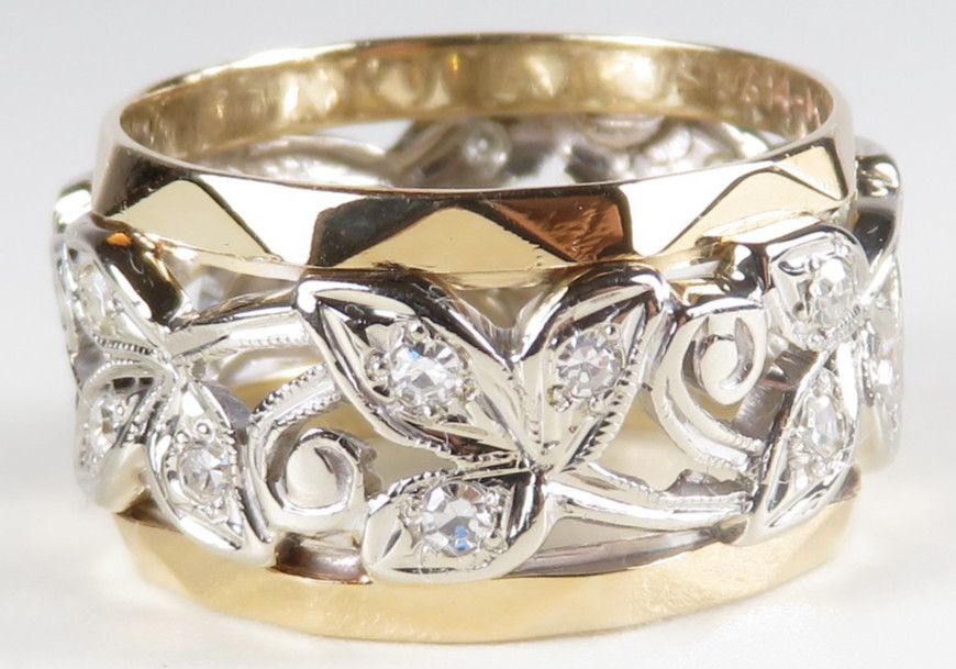 Antique 1920’s Diamond Women’s Wedding Band 14K Two Tone Rg Sz 8 UK-P1/2 EGL USA