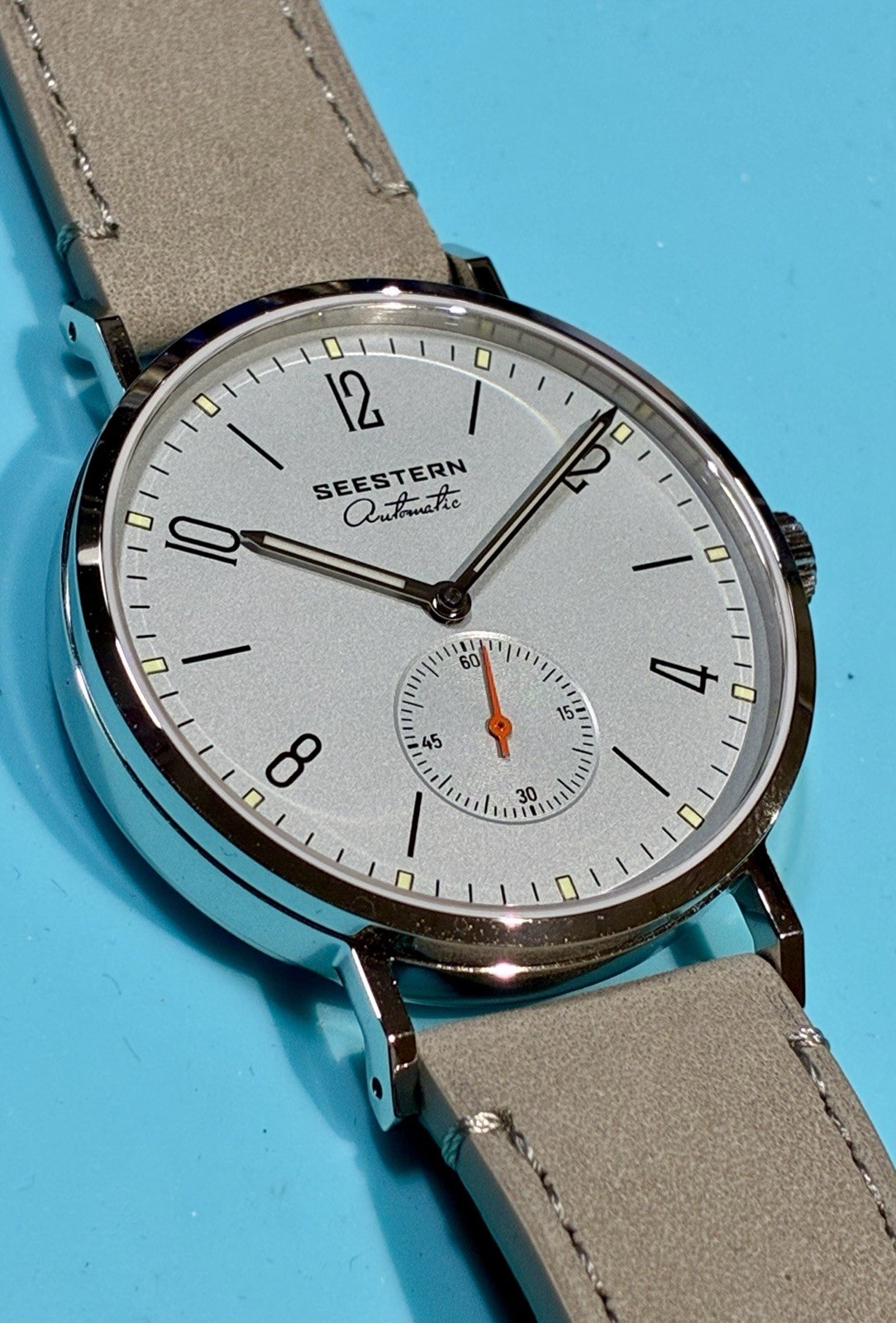 SEESTERN 38MM SMALL SECONDS MINIMALIST BAUHAUS STYLE AUTO SEAGULL LIGHT BLUE NEW