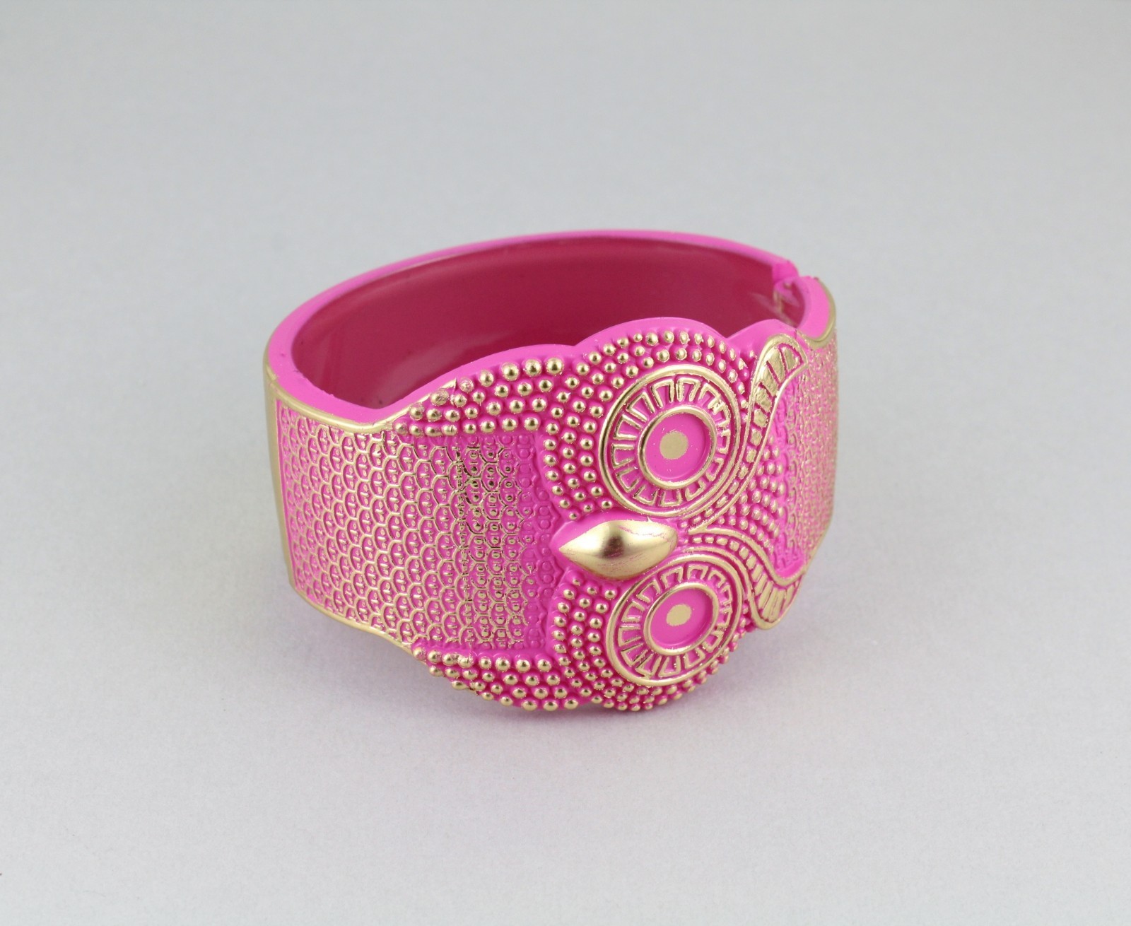 Owl bracelet Pink Gold carved textured bird plastic hinged bangle cuff