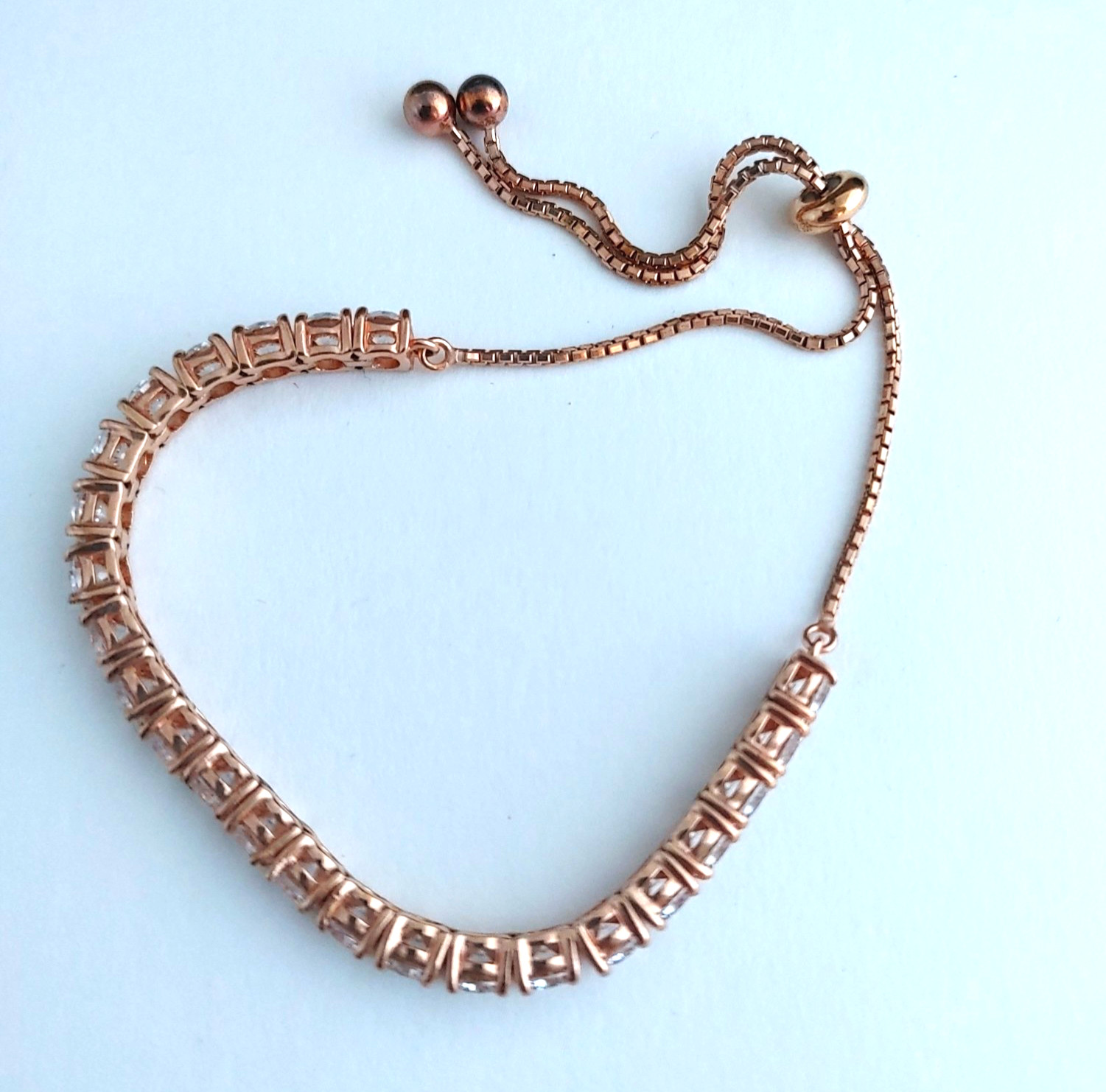 Rose Gold Tone 925 Sterling CZ Adjustable Slider Bracelet Sign JCM Tennis Style