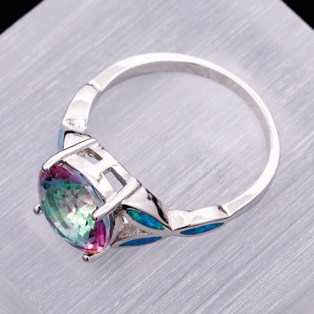 10mm Round Rainbow Mystic Topaz Blue Fire Opal Silver Jewelry Ring Size 7 8 9 10
