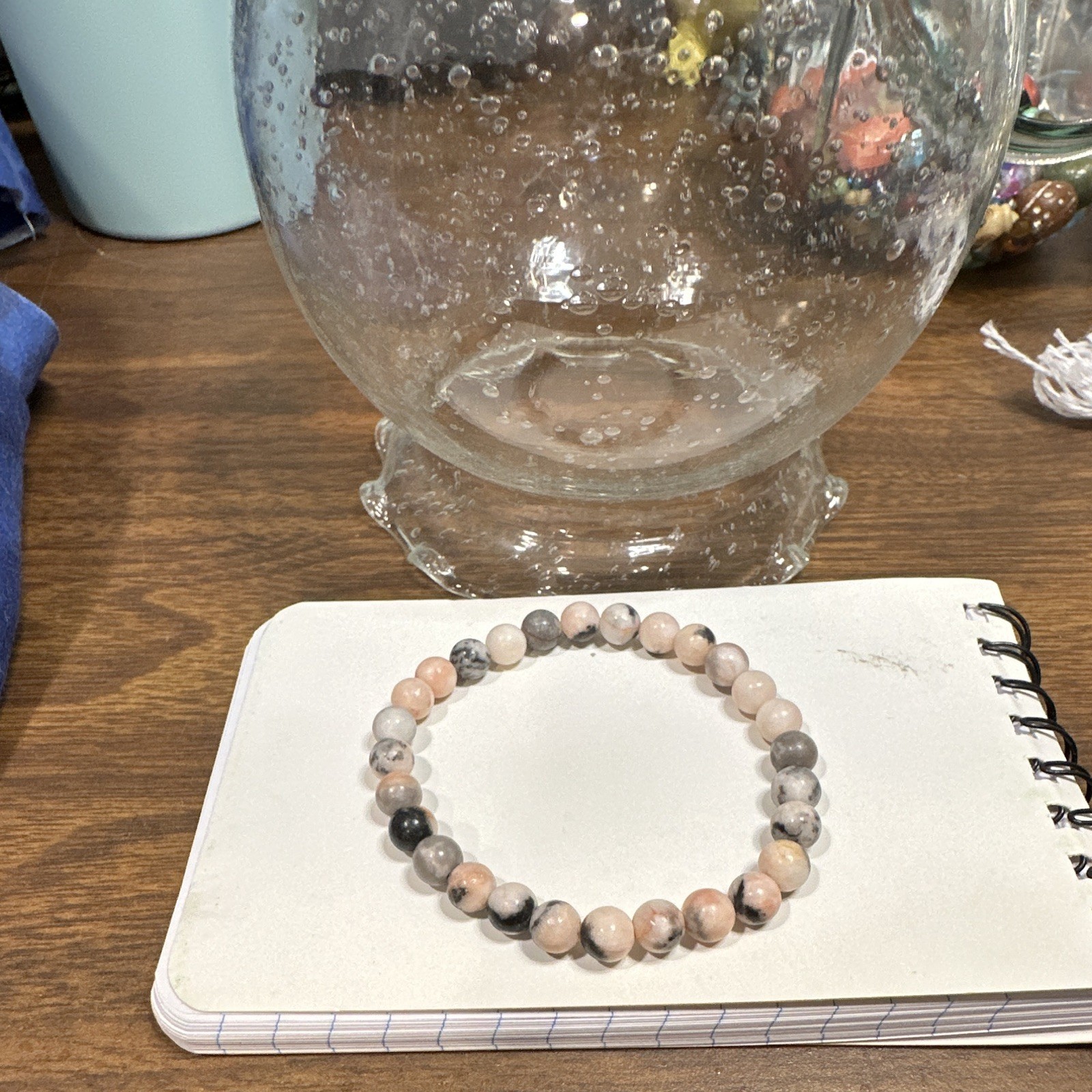 Stretch Beaded Stone Bracelet Pink Gray Black White Round Beads Stackable