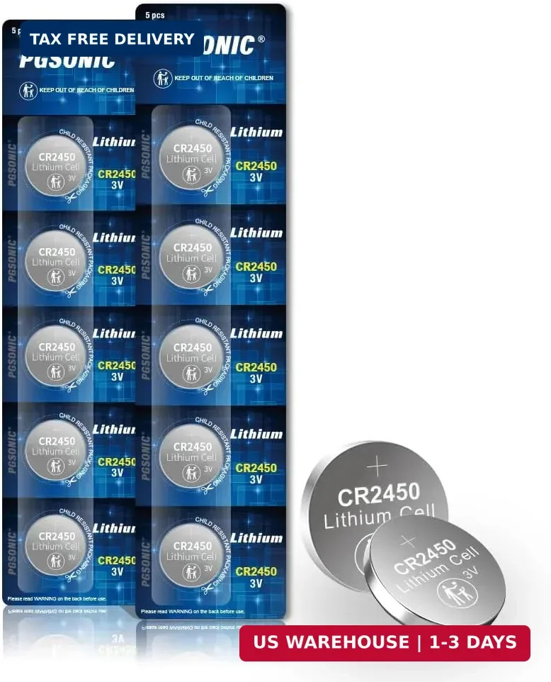 PGSONIC CR2450 Batteries, 3 Volt Lithium Coin Battery 10 Count, High Capacity an
