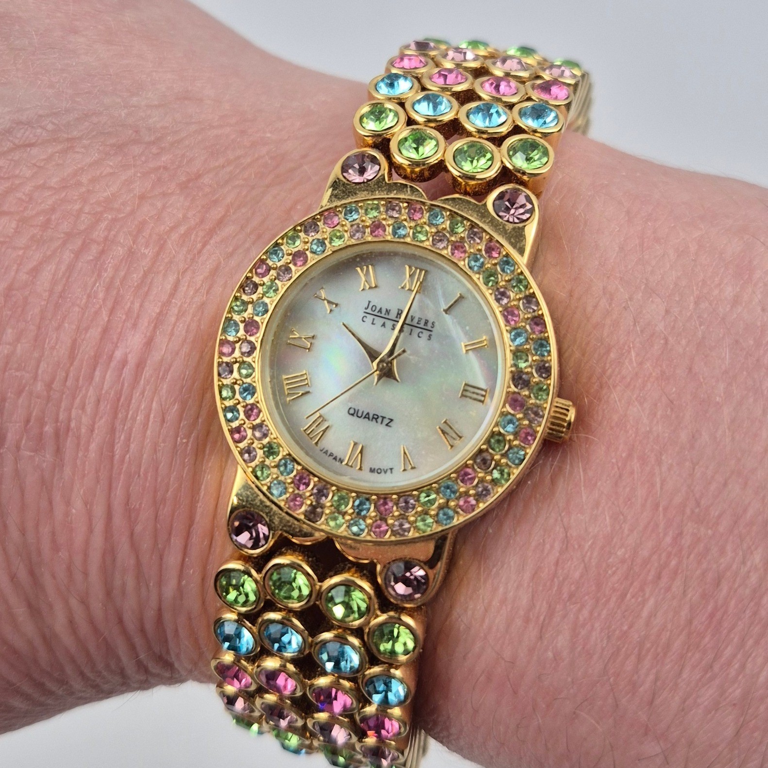 Joan Rivers Classics Gold Tone Rainbow Crystal Bangle Watch V377 Untested