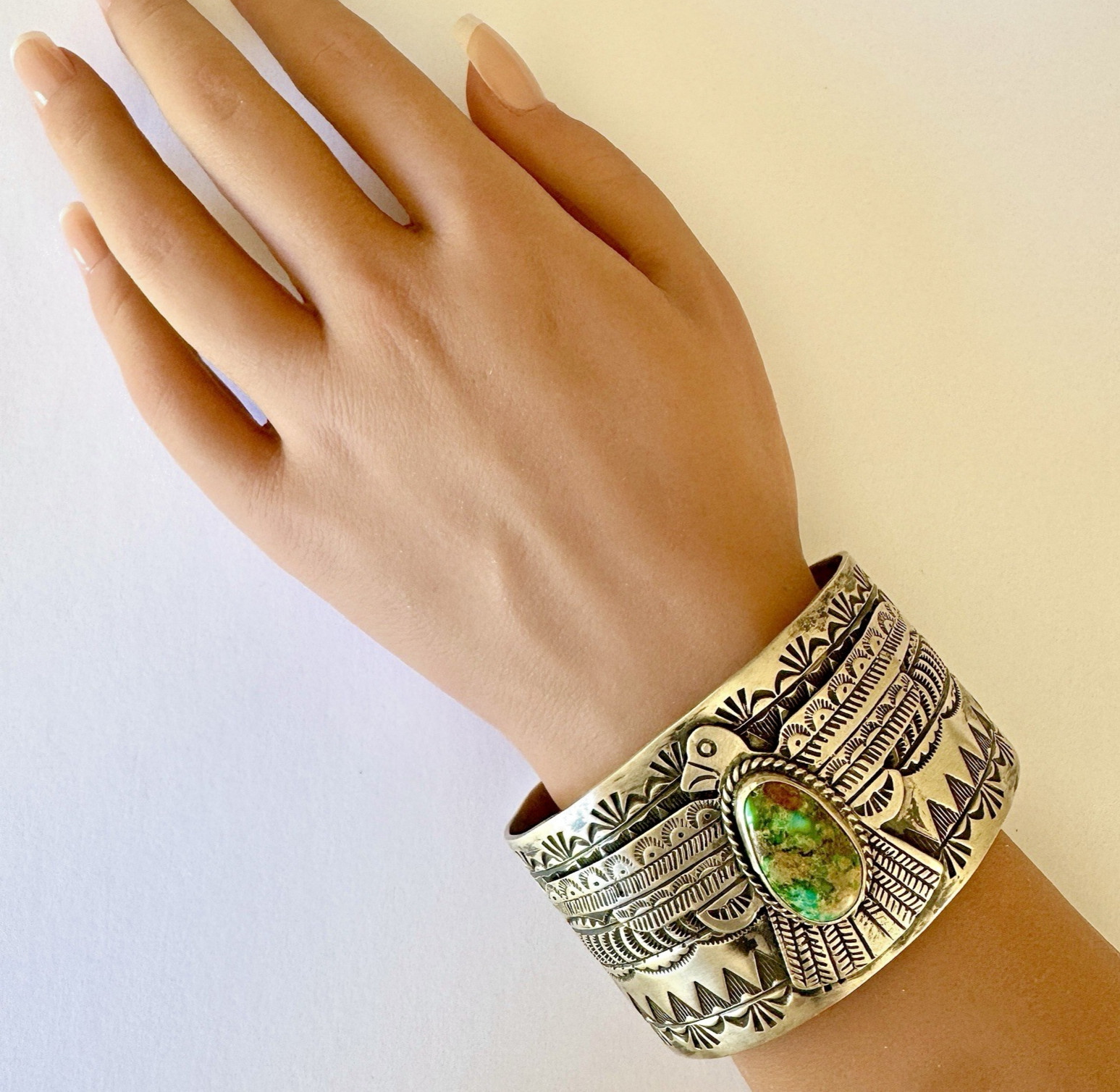 Wide Navajo Thunderbird Turquoise Cuff Bracelet 7in Charles Johnson 88g Stamped