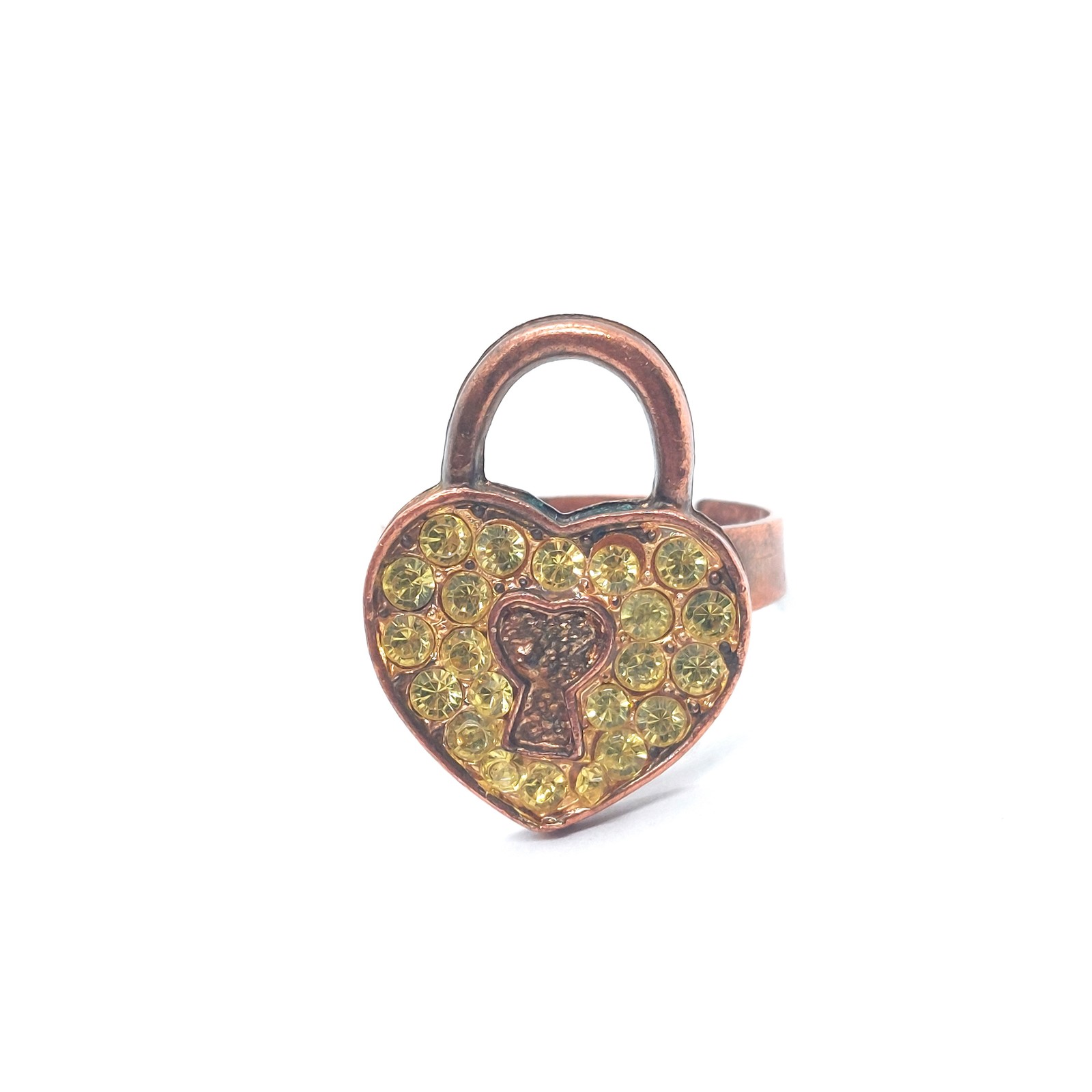 Vintage Copper Heart Padlock Yellow Rhinestone Ring Keyhole Love Lock Crystal