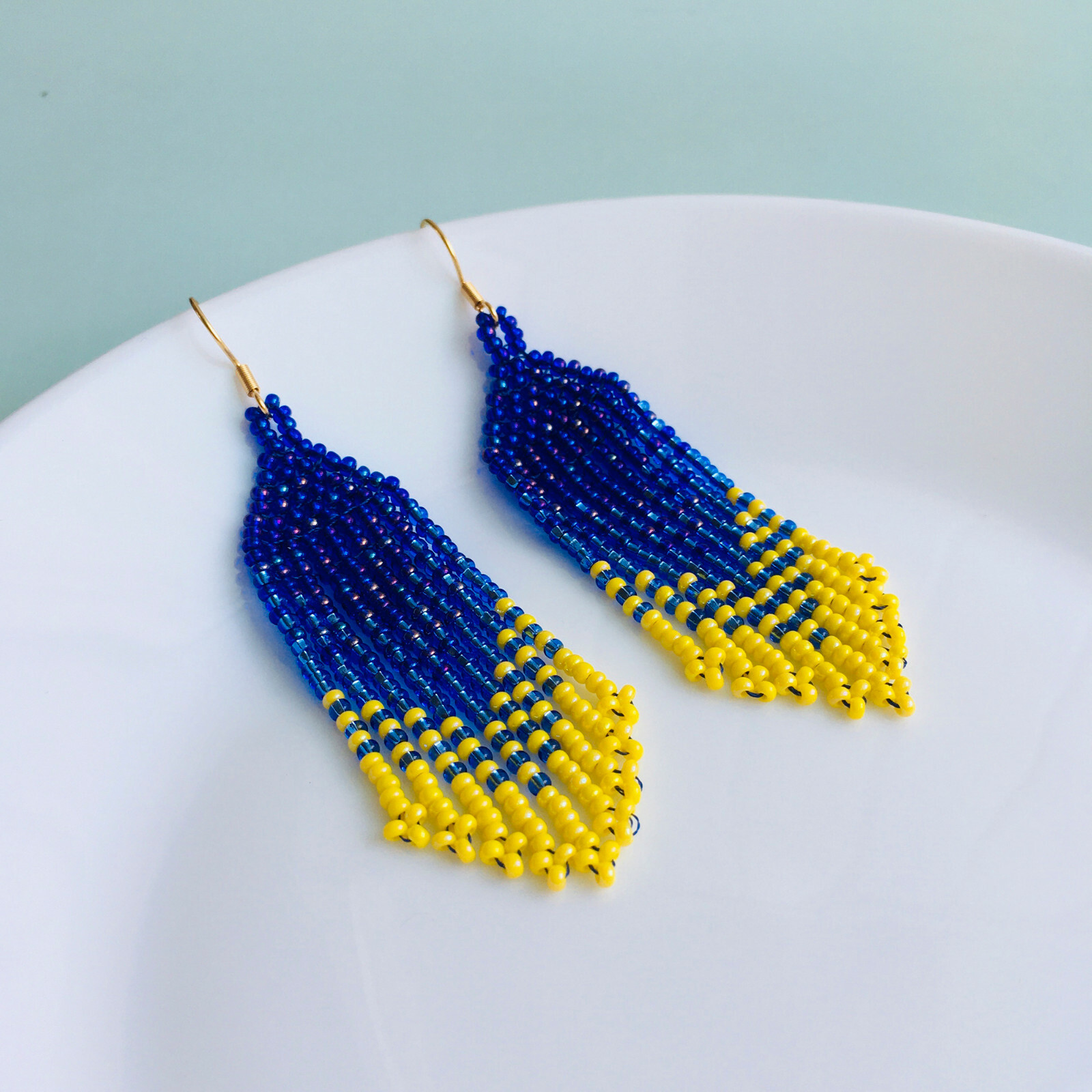 Ukraine beaded earrings, Gradient earrings, Ukrainian flag seed bead earrings