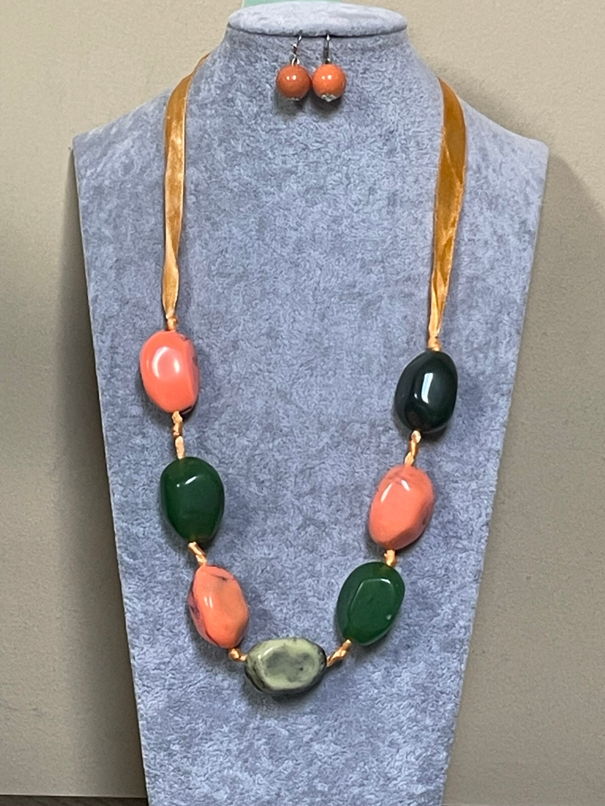 Peach And Green Uneven Shape Lucite Bead Orange Ribbon Cord Necklace Earring