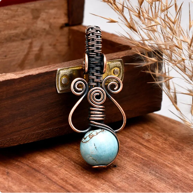 Handmade Turquoise Wire Wrapped Pendant Copper Gemstone Boho Necklace Charm