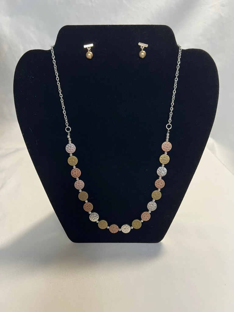 5 Pc Boho Mixed Metal Jewelry Set Spiral Pendant Hammered Disc Necklace Bracelet