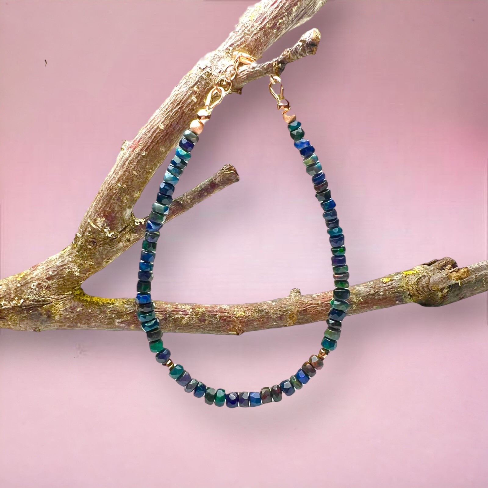 Handmade Solid 14k 585 Rose Gold Natural Black Opal Bracelet 7.32″ – 7.68″