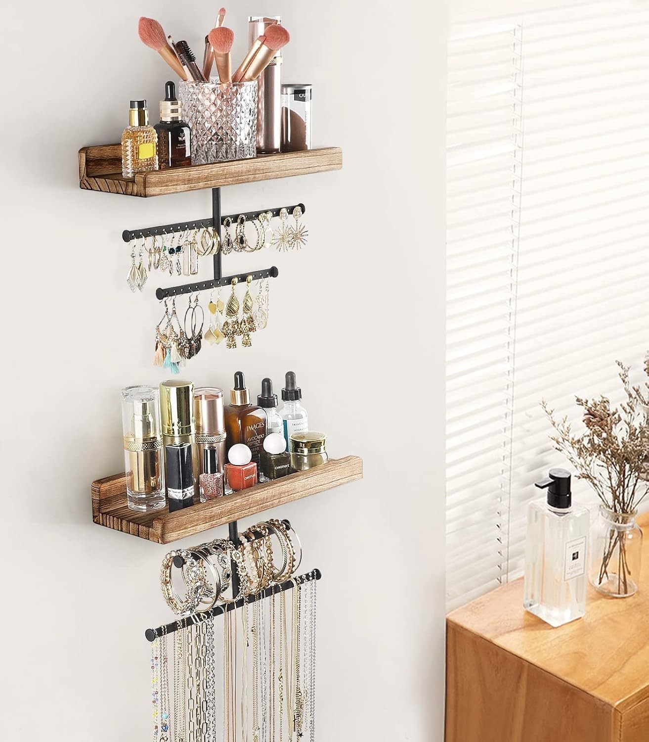 Hanging Wall Mounted Jewelry Organizer with Rustic Wood Jewelry Holder Display f