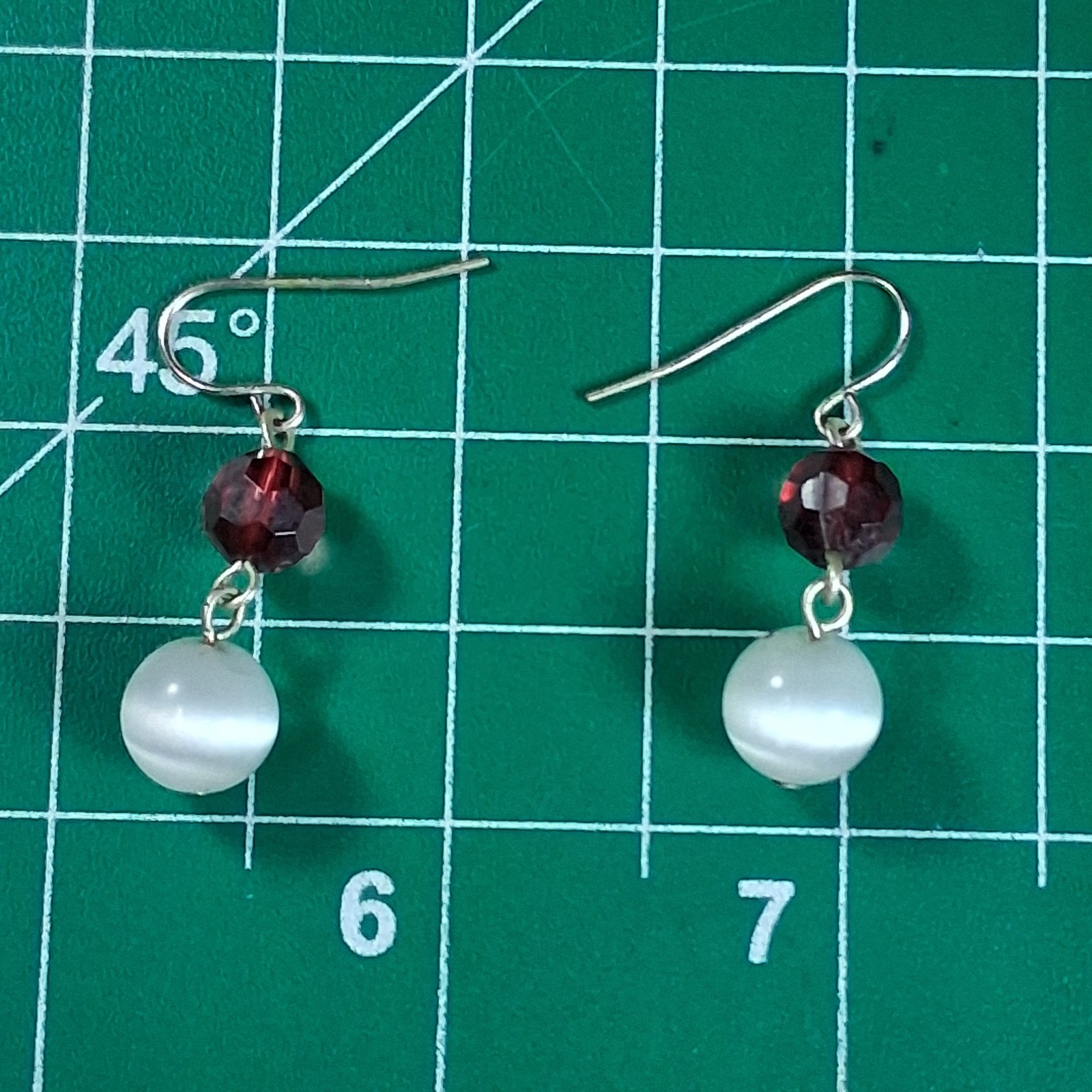 Vintage White Cats Eye & Maroon Faceted Bead Hook Dangle Earrings