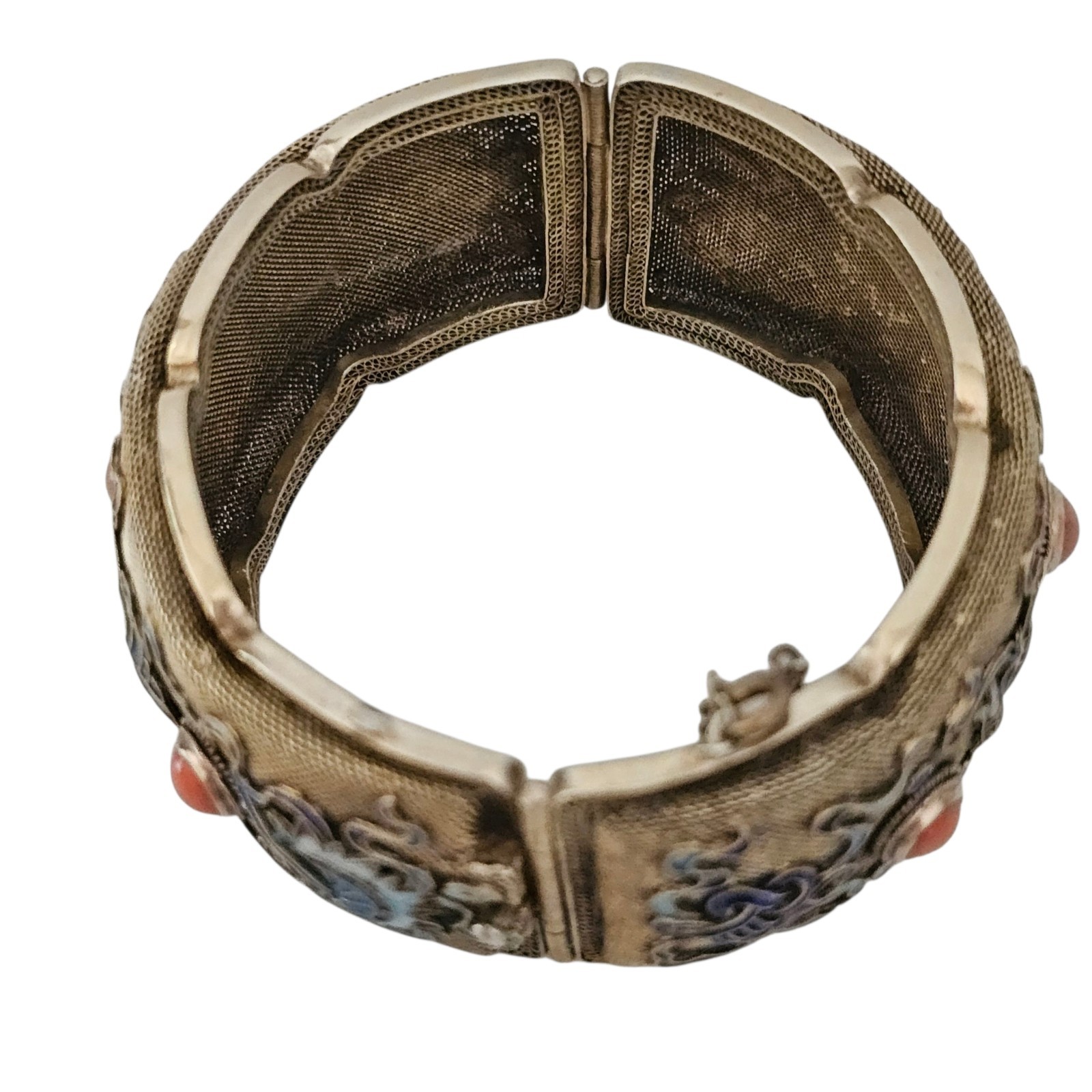 Vintage Chinese Export Bracelet Enamel Gilded Silver Mesh Filigree Coral