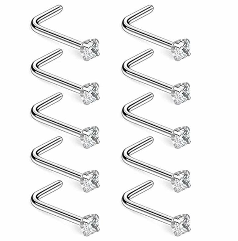 18G Surgical Steel Mix Color CZ L Shaped Nose Stud Rings Piercing Jewelry 10PCS