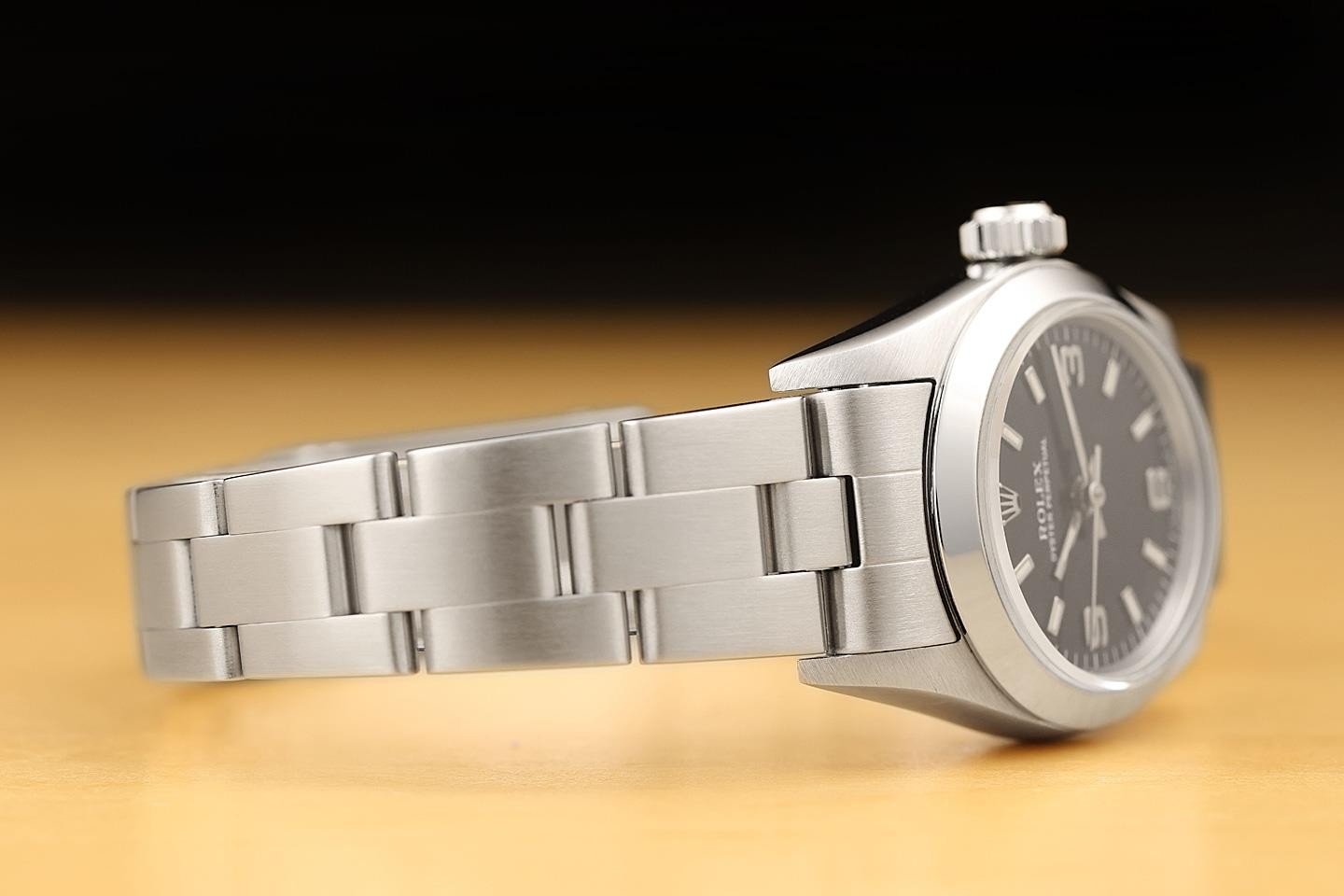 ROLEX LADIES OYSTER PERPETUAL 26MM 67180 BLACK ARABIC STAINLESS STEEL WATCH
