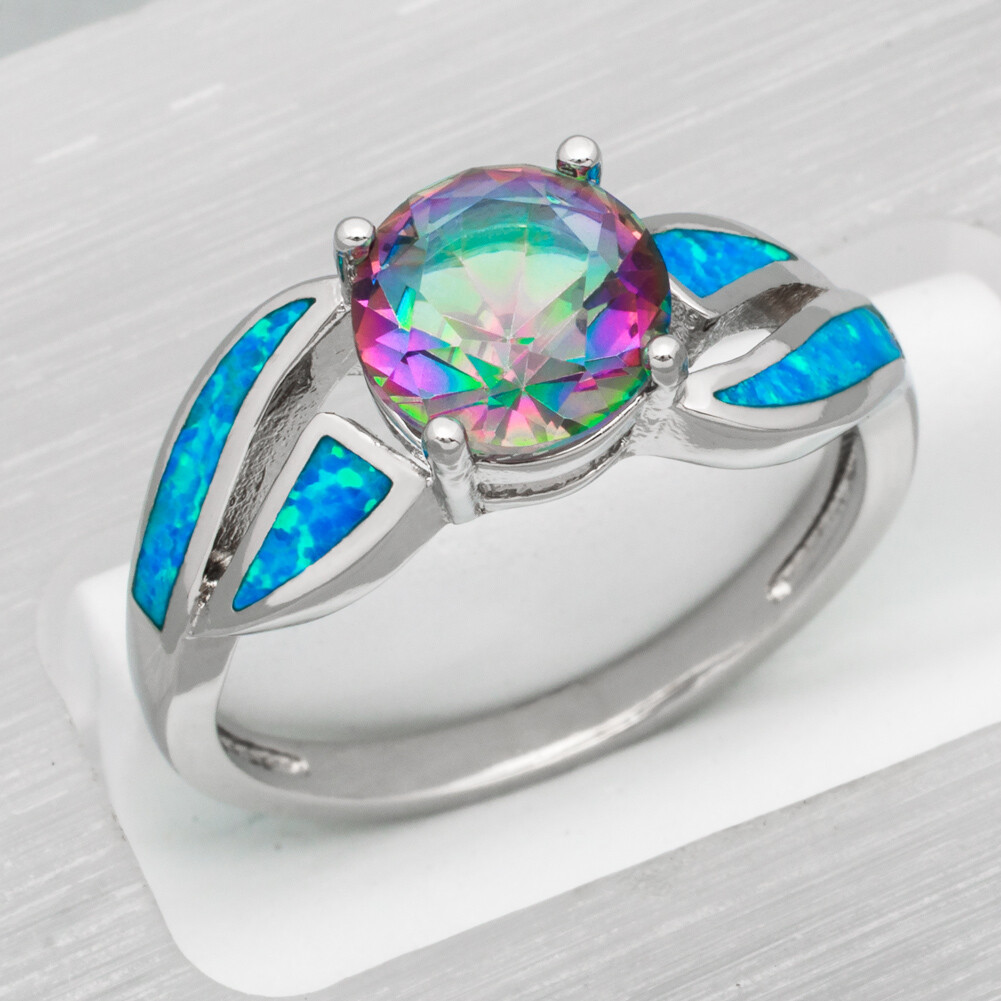 8mm Rainbow Mystic Topaz Blue Fire Opal Silver Jewelry Cocktail Ring Size 7 8 9