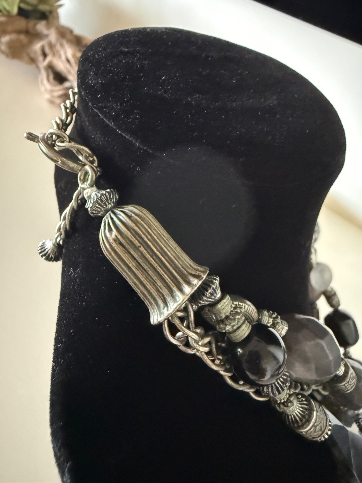 Chunky Statement Beaded Multi Strand Necklace Silver, Black & Gray