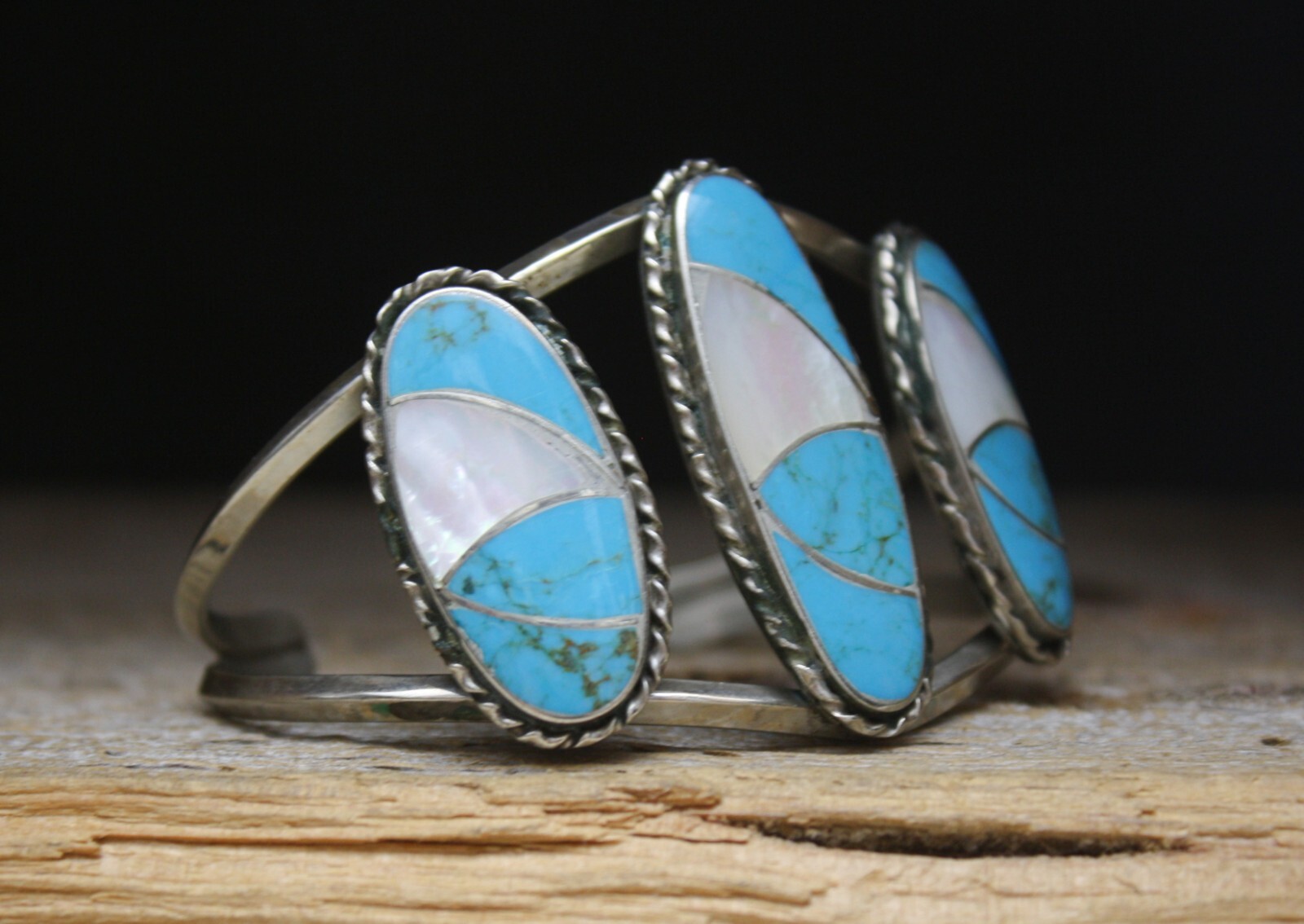 Vintage Native American Navajo Turquoise Mother of Pearl Nickle Silver Bracelet