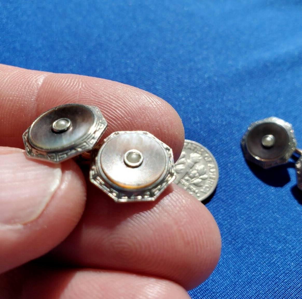 Original VINTAGE KREMENTZ ART DECO ENGRAVED PEARL CUFF LINKS OCTAGON DESIGN