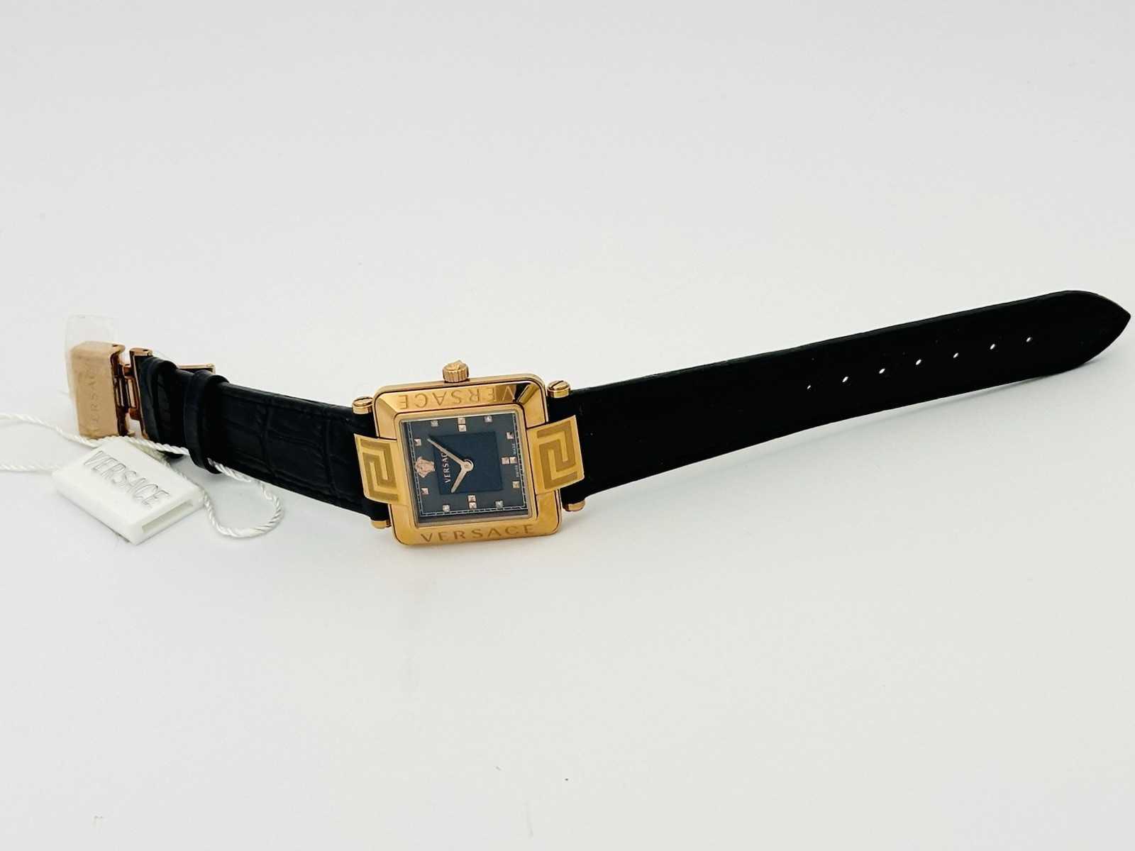 Versace Women’s 88Q80SD008S009 Rêve Carré Diamonds Black Leather Strap Watch 88Q