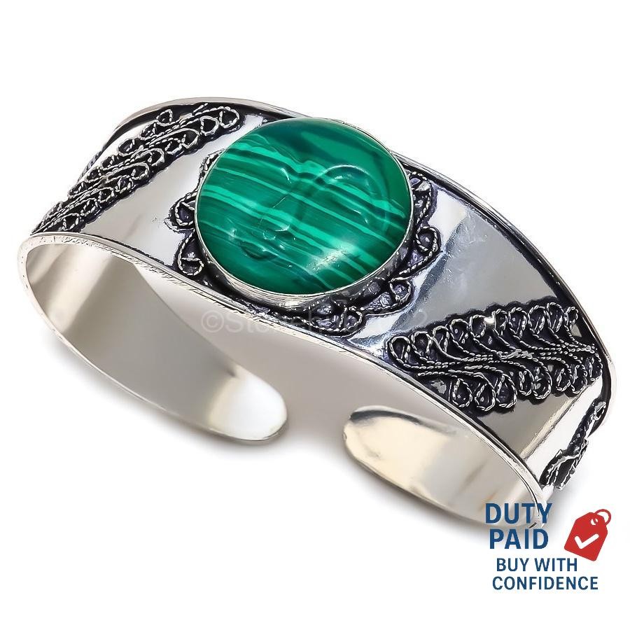 Sterling Silver Natural malachite praying face Art Deco Ethnic New Cuff Bracelet