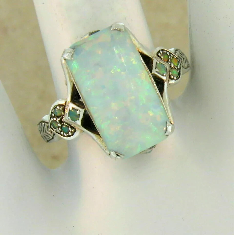 3Ct Emerald Cut Opal Antique Victorian Engagement Ring 14K White Gold Finish