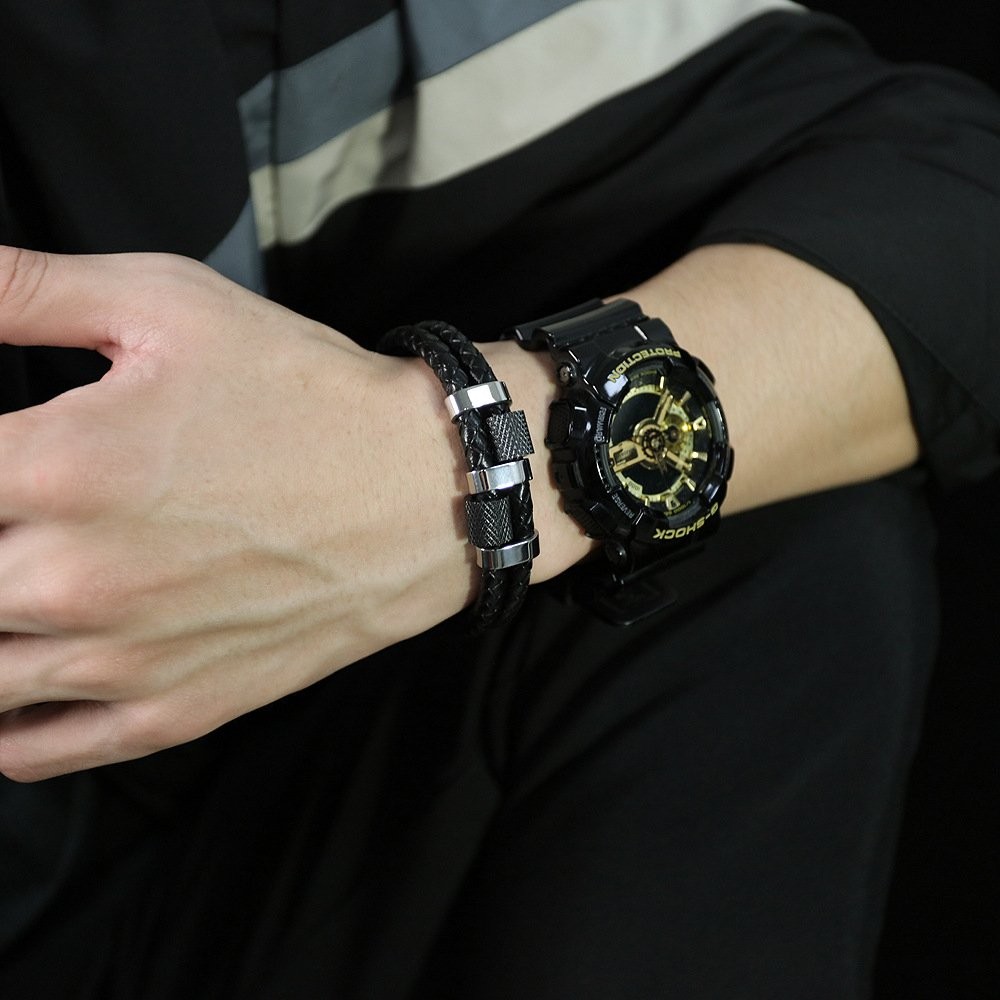 Men’s Stainless Steel Genuine Leather Bracelet Strength Fashion Bangle Wrap USA