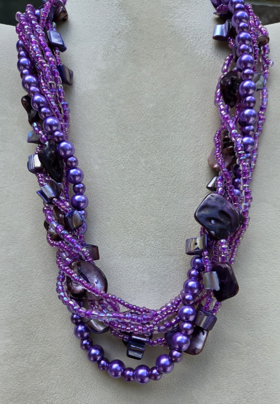 Purple Mixed Media 7-Strand Shell, Pearl and Bead Necklace 19.5 Inches