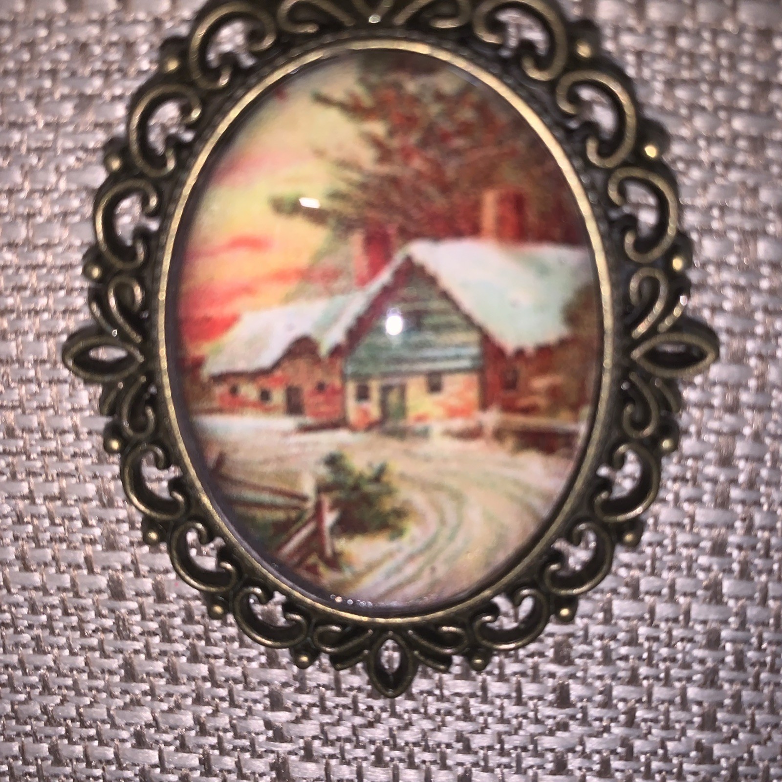 Cabochon Handmade Necklace With Winter Scene Bronze Chain And Pendant Tray
