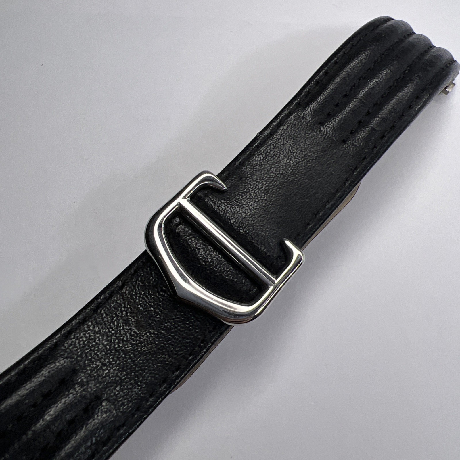 19mm Cartier Black Ridged Leather Strap Band 18mm Steel Foldover Deployant Clasp