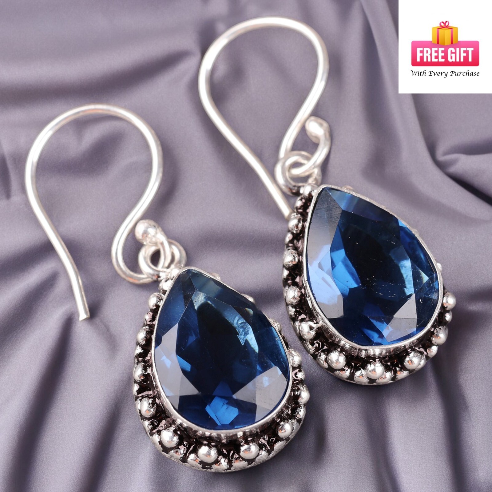 November Birthstone Natural London Blue Topaz 925 Sterling Silver Earrings BB