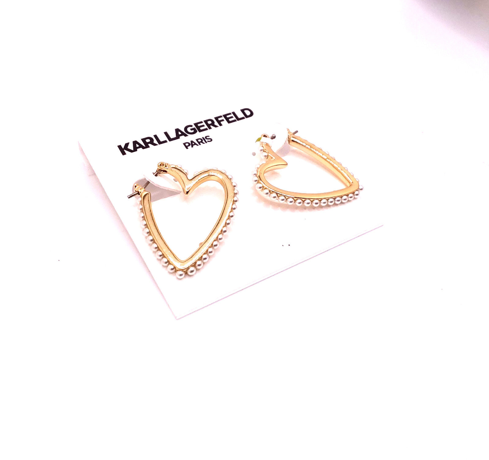 Karl Lagerfeld Paris Gold Heart Shaped Hoop Earrings Adorned With Faux Pearls