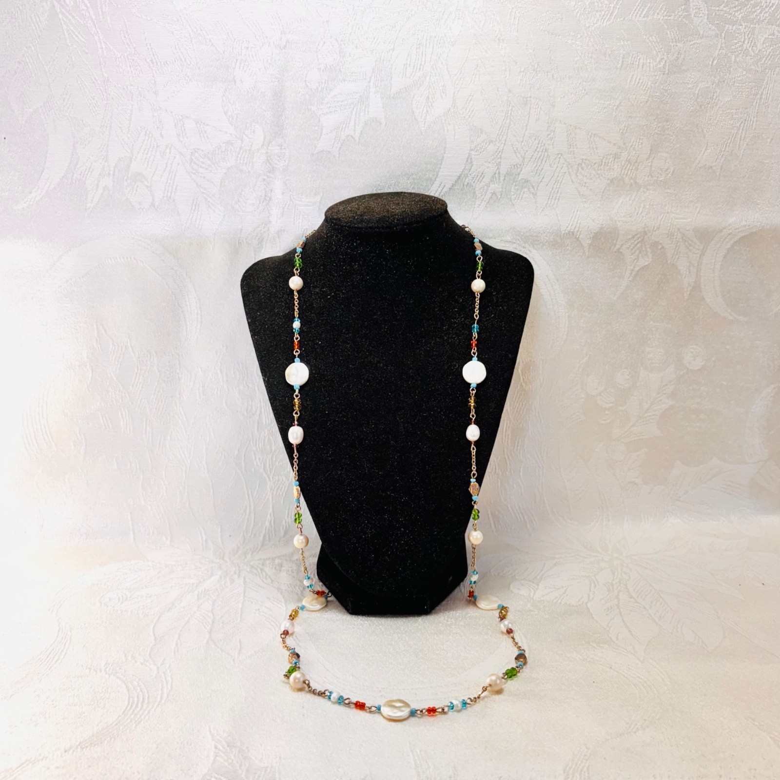 NECKLACE multicolor white acrylic beads real pearl goldtone metal chain long 36″