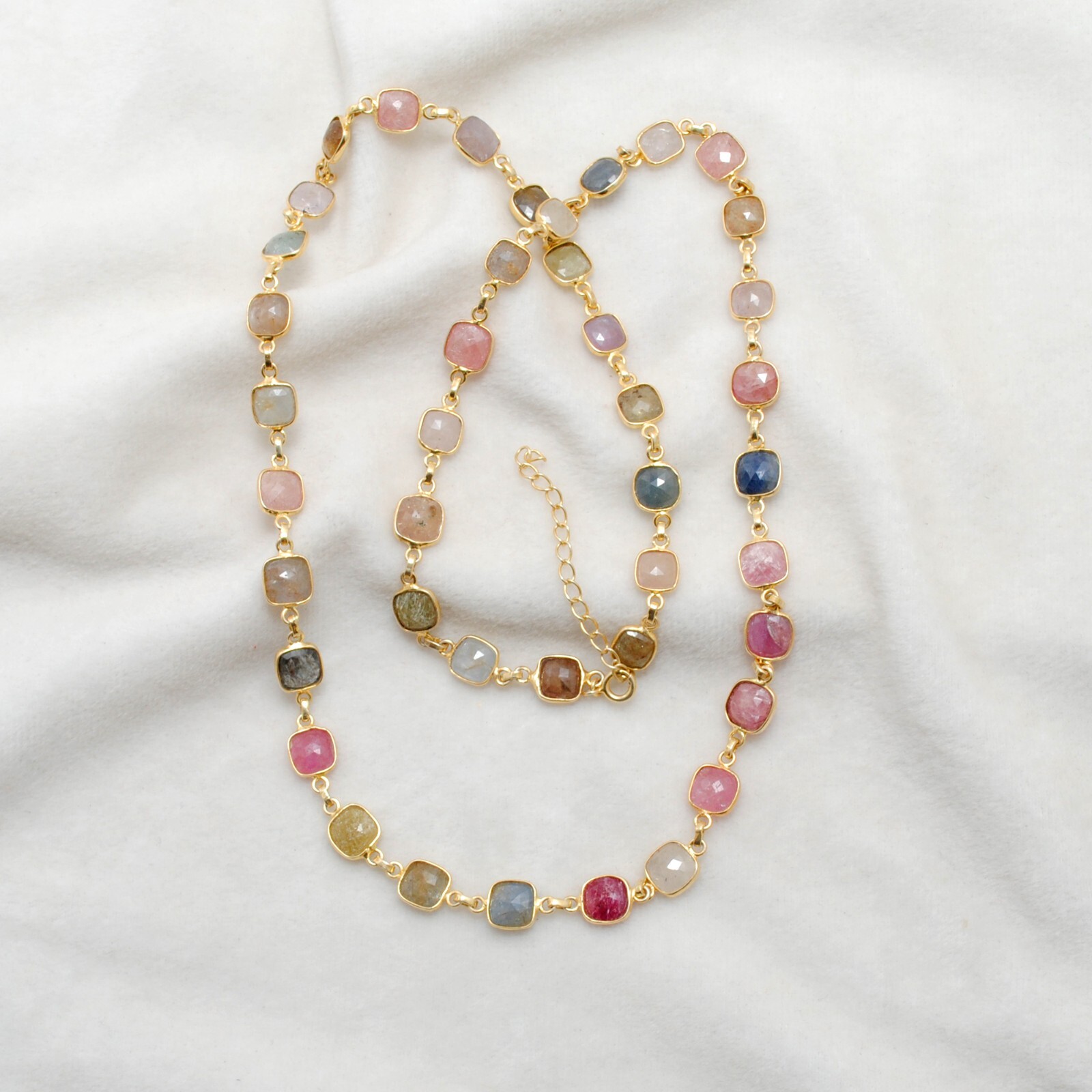 Multi Sapphire Bezel Setting Cushion Gold Plated Necklace Sapphire Necklace
