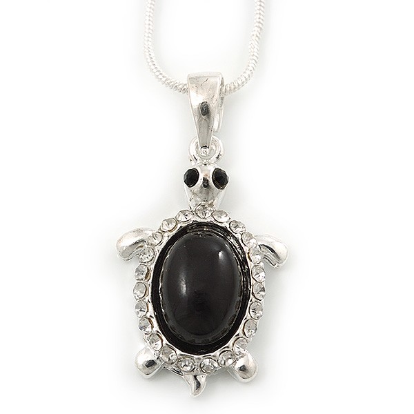 Small Crystal ‘Turtle’ Pendant With Silver Tone Snake Chain – 40cm Length/ 7cm